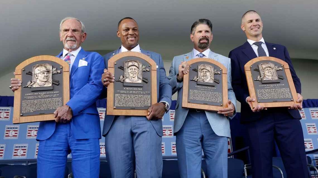 Jim Leyland, Adrián Beltré, Todd Helton y Joe Mauer (izquierda a derecha) en su exaltación al Salón de la Fama de Cooperstown en 2024. Photo: Jim McIsaac | Getty Images.
